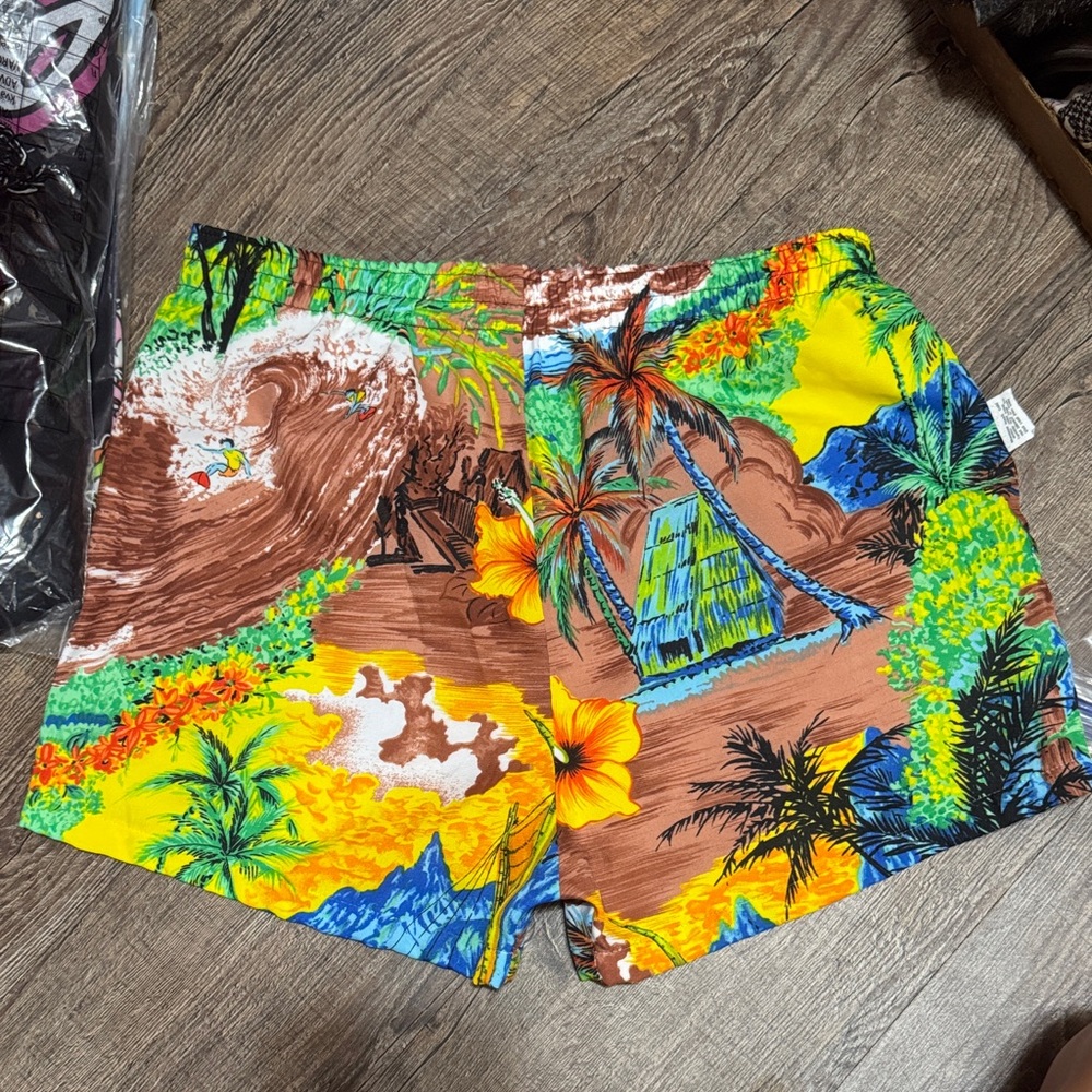 Vintage Tropical Hawaiian Print Swim Shorts